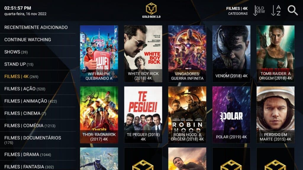 Interface de filmes e séries do Vplay Card